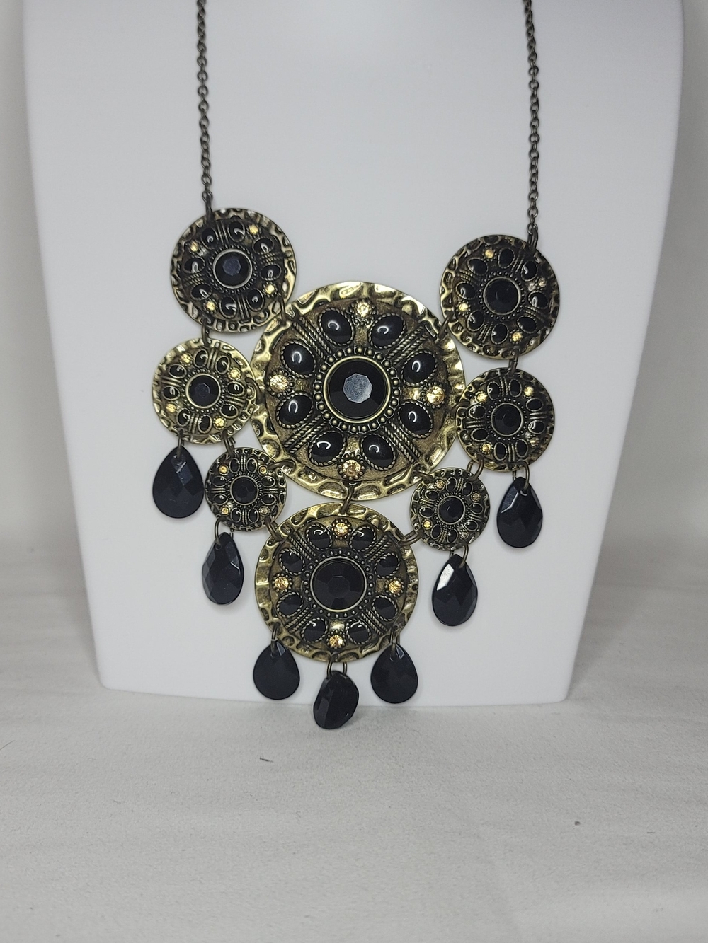 Vintage 1980s Avon NRT Gold Tone Medallion Bib Necklace Black Teardrop Dangles